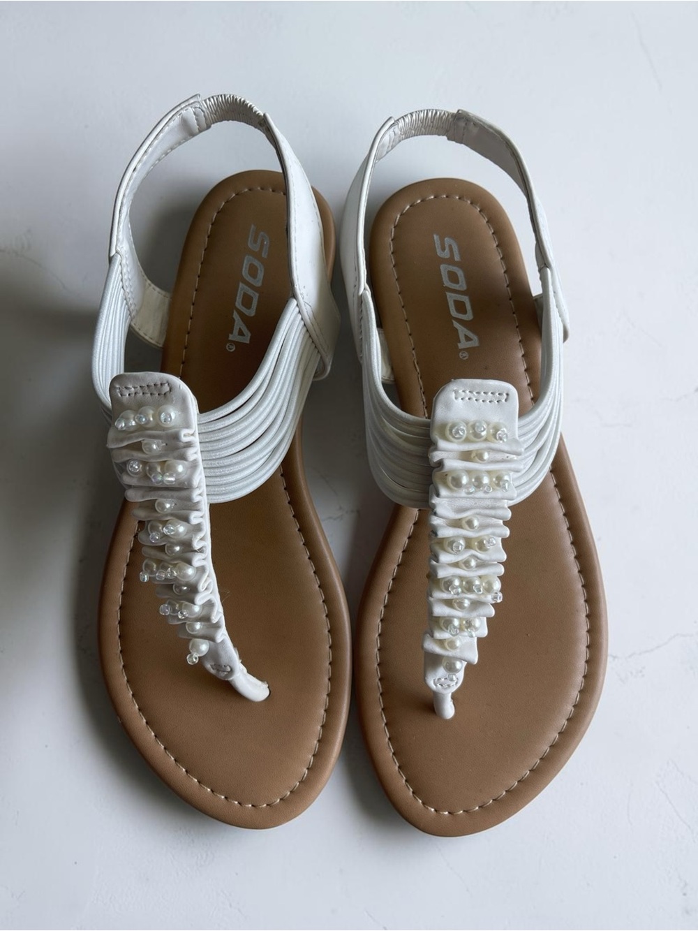 SODA White Pearl Beaded Thong Slingback Sandals Women’s 5.5